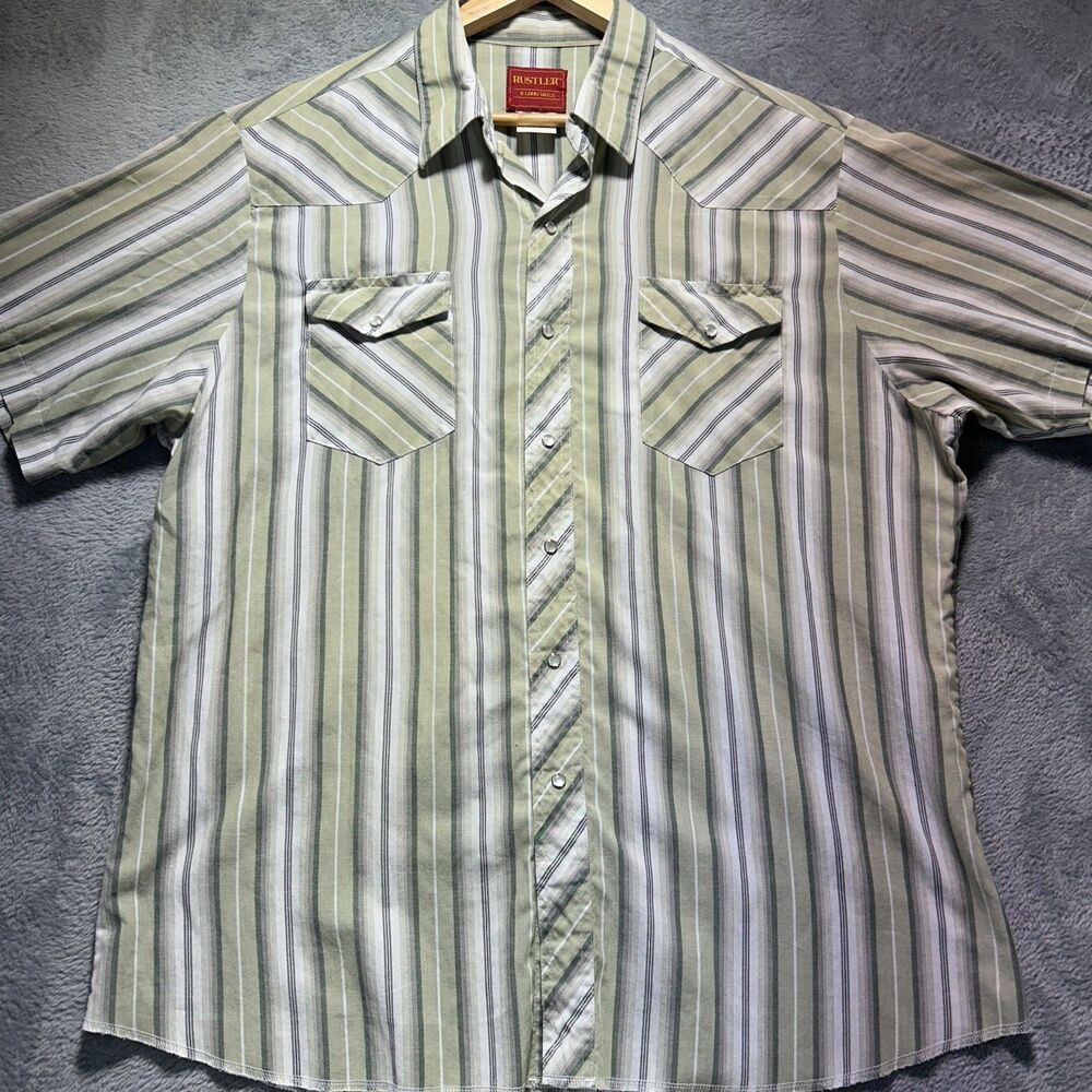 Rustler Shirt Men XL Green Striped Short Sleeve Snap Button-Up Cotton Polyester